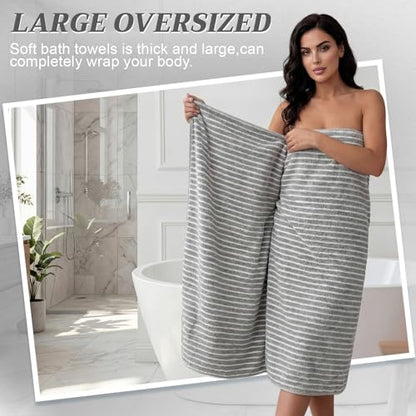 2 Pack Oversized Bath Towels 40 x 80 in Coral Fleece Extra Large Gray and White Striped Bath Sheets Microfiber Quick Dry Absorbent Shower Towel for Beach Pool Hotel Bathroom Spa Gym