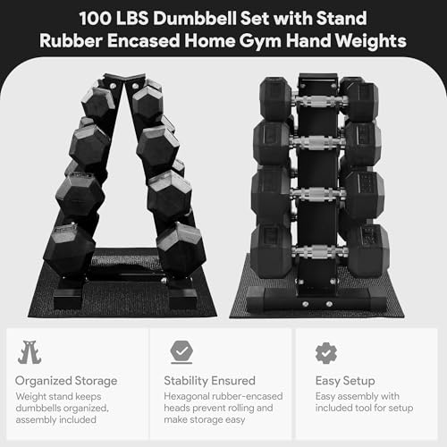 BalanceFrom Rubber Coated Hex Dumbbell Weight Set with Storage Rack, 100LB or 150LB or 200LB Set, 5-20 lbs or 5-25 lbs or 10-30 lbs Pairs - style: 100LB Set with Rack