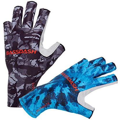 BASSDASH ALTIMATE UPF 50+ Sun Protection Fingerless Fishing Gloves Men - color: Blue Camo, size: Medium
