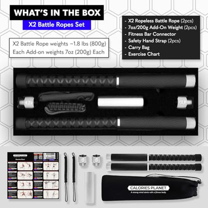 X2 Ropeless Battle Ropes Adjustable Weight, Convertible to Fitness Bar - color: Pure Black