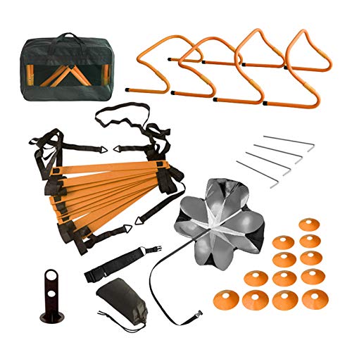 TOCO FREIDO Speed&Agility Training Set – 20ft Agility Ladder Set with 12 Rungs, 4 Adjustable Training Hurdle, 12 Disc Cones, 2 Resistance Bands, 1 Running Parachute and Footwork Drills Equipment