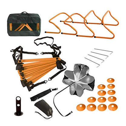 TOCO FREIDO Speed&Agility Training Set – 20ft Agility Ladder Set with 12 Rungs, 4 Adjustable Training Hurdle, 12 Disc Cones, 2 Resistance Bands, 1 Running Parachute and Footwork Drills Equipment