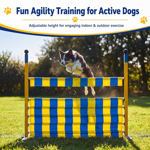 Dog Agility Jump Set, Metal Adjustable Dog Agility Equipment with 9 Height Levels, Extra Stable Foldable Dog-Hurdle Training Equipment for Backyard&Indoor Hurdles Jump, Carrying Bag Included