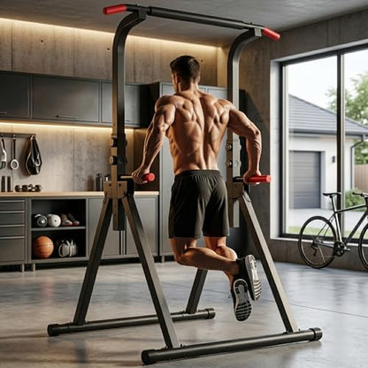 Foldable Pull Up Bar Standing Power Tower, Multi-Function Dip Station, 6-Level Adjustable Height Strength Training Equipment for Home Gym, 440lbs Capacity