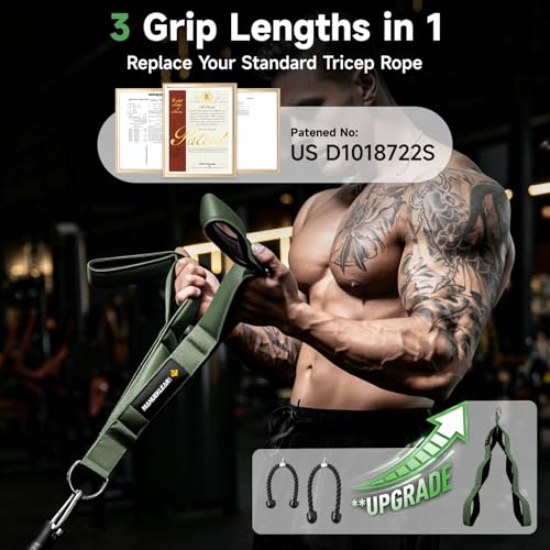 MANUEKLEAR 3 Grip Lengths in 1 Tricep Rope Cable Attachment with Ergonomic Handles, Greater ROM for Tricep Push Down Attachment Professional Gym Rope for Overhead Extension - color: Green