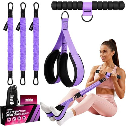 Upgraded Multifunction Pedal Resistance Band with Handle, 3 Tube Adjustable Resistance Bands, Full Body Fitness Exercise Equipment for Abdomen, Waist, Arm, Core/ABS, Leg, Physical Therapy (Purple)