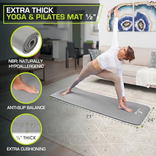 ProsourceFit Extra Thick Yoga and Pilates Mat 1/2” (13mm) or 1" (25mm), 71-inch Long High Density Exercise Mat with Comfort Foam and Carrying Strap - color: Grey