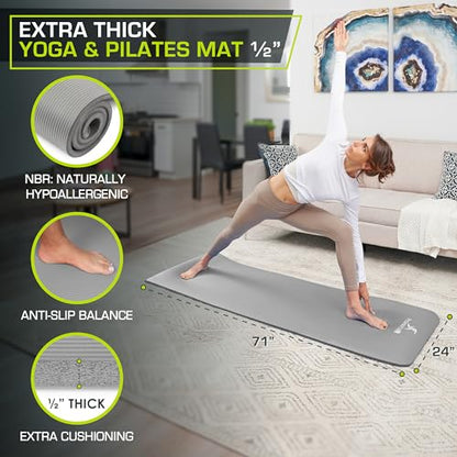 ProsourceFit Extra Thick Yoga and Pilates Mat 1/2” (13mm) or 1" (25mm), 71-inch Long High Density Exercise Mat with Comfort Foam and Carrying Strap - color: Grey
