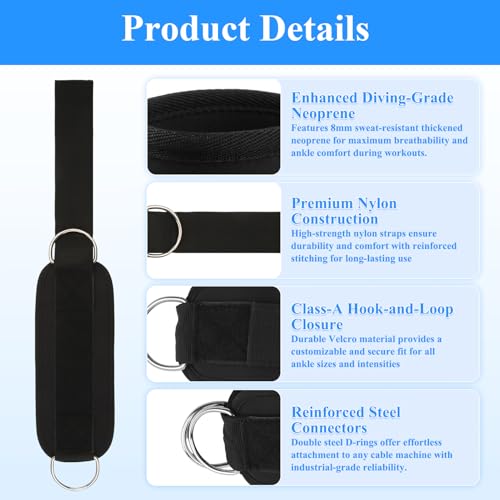 2-Pack Ankle Straps for Cable Machines – Comfortable Adjustable Gym Ankle Cuffs for Kickbacks and Glute Workouts, Ankle Bands for Exercise, Booty and Hip Abductor Exercises for Women and Men