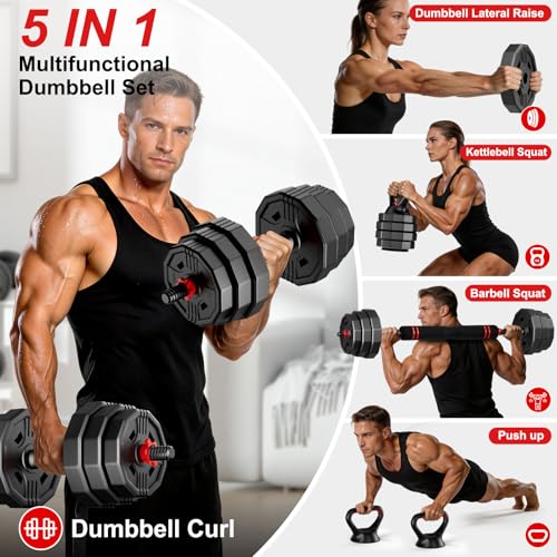 Adjustable dumbbell set, 20/30/45/70/90lbs Free Weight Set with Connector, 5 in1 Multi-Function Dumbbells Set Used as Barbell & Kettlebell, Push up Stand, Fitness for Home Gym Suitable Men/Women