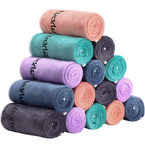 15 Pcs Microfiber Gym Towels Set for Men and Women, Soft Be Fearless Sweat Workout Towels for Yoga Sports Exercise Fitness Bath Home Cycling Swimming Camping, 30" x 14", 5 Colors
