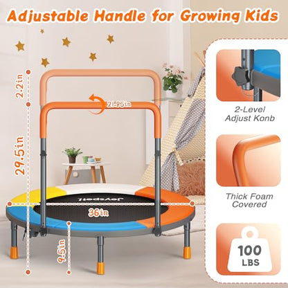 Premium 3FT Foldable Toddler Trampoline for Kids Ages 3-6, 36 Inch ASTM Certified Mini Trampoline with Adjustable Handle, 100 lbs Capacity, Quiet Elastic Bands, Safe for Indoor Outdoor Use - style: Classic New