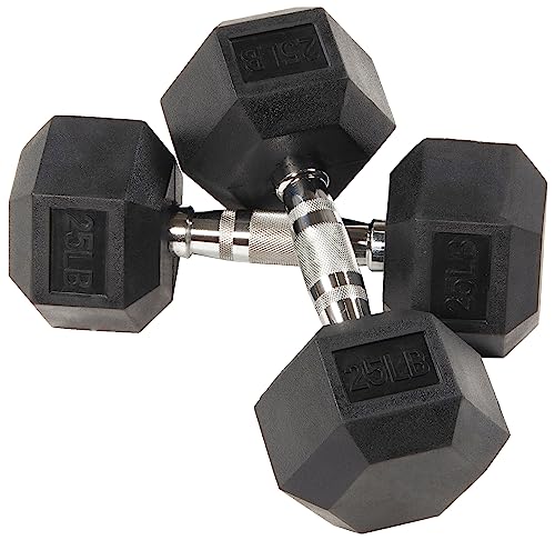 Fitvids Rubber Encased Hex Dumbbell, 25LB Pair with A-Frame Rack