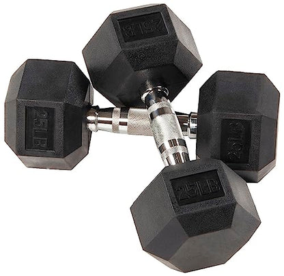 Fitvids Rubber Encased Hex Dumbbell, 25LB Pair with A-Frame Rack