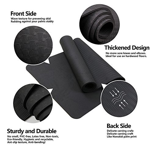 Attraction Design Yoga Mat Non Slip Exercise Mat Extra Thick Workout Mat for Yoga, Eco Friendly Exercise Yoga Mat High Density Fitness Pilates Mat with Carrying Strap, 72"x 24"x 6mm - color: Black