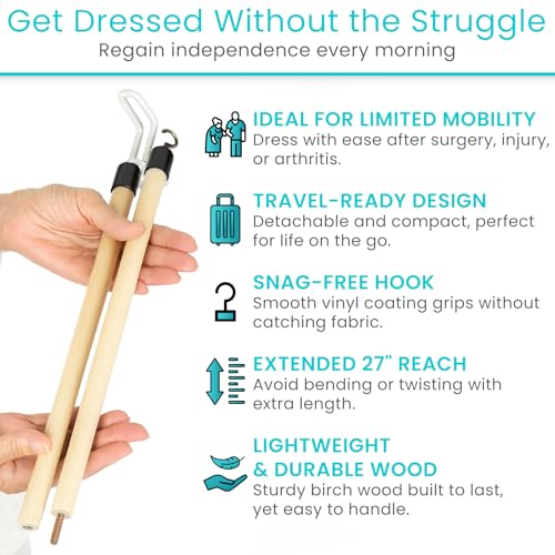 Vive Dressing Stick for Elderly (27”) - with Zipper Puller & Sock Remover Tool - Aid for Pants - Accessories for Daily Living, Assistant Device No Bending for Seniors - After Shoulder Surgery Helper
