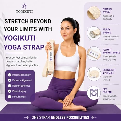 Yogikuti Premium Cotton Yoga Strap | Adjustable Yoga Belt for Stretching, Flexibility, Balance & Alignment | Yoga Accessories for Beginners, Pilates, Meditation, Exercise, Fitness & Physical Therapy - size: 7Ft(2mtr)