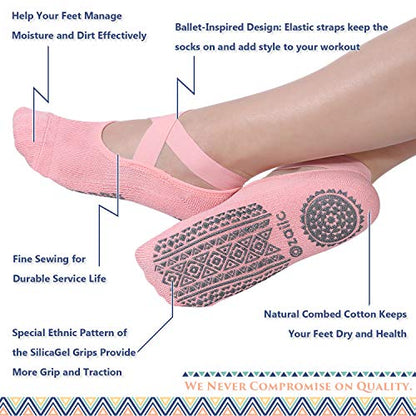 Ozaiic Pilates Socks for Women Non Slip Grip Yoga Barefoot Indoor Workout - color: Grey/Green/Pink