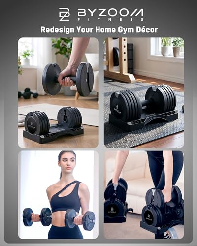 BYZOOM FITNESS Pure Series Adjustable Dumbbell - 12.5/25/27.5/50/55/75lb - ONE UNIT OR PAIR(check QTY before purchase) - 5-in-1/ 10-in-1 / 15-in-1 / 21-in-1 Flexible Hand Weights for Home Apartment Garage Gym, Strength Training & Fitness Workouts, White O
