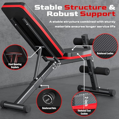 Weight Bench, 1000LBS Capacity 36-Position Adjustable Folding Weight Bench For Home Gyms, 90° To -30° 29.8-Inch Extended Backrest, Suitable For Bench Press Strength Training