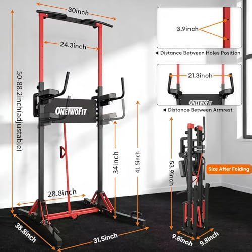 ONETWOFIT Foldable Power Tower Pull Up Bar Dip Station, Multi-Function Adjustable Height, Strength Training, 400LBS/600LBS Capacity