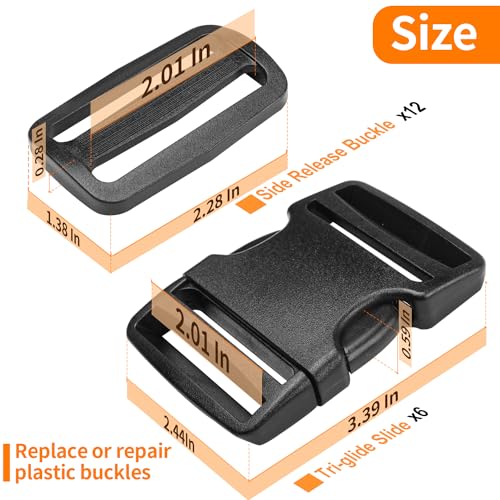 BEYOURD 2" Heavy-Duty Buckle & Straps Set: 6-Pack Side Release Plastic Buckles, 6 Yards of Thick Nylon Webbing, 12 Tri-Glide Slide Clips, No Sewing Required (2 Inch Combo Set) - style: 2" Combo Set