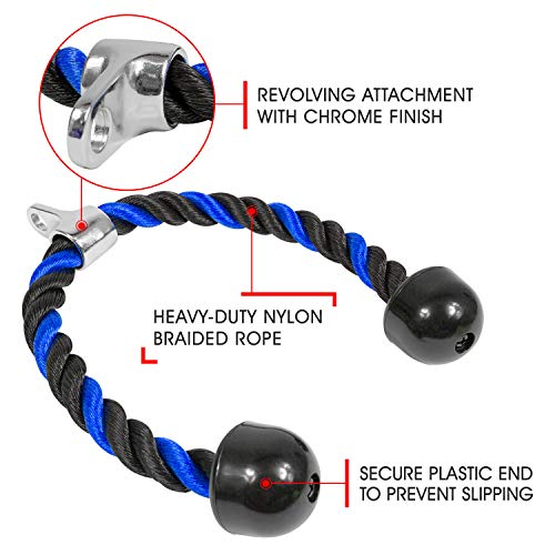Yes4All Deluxe Tricep Rope Cable Attachment, 27 & 36 inch with 4 Colors, Exercise Machine Attachments Pulley System Gym Pull Down Rope with Carabiner - color: G. 27" Blue Black