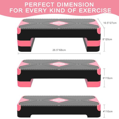 Aerobic Exercise Step, Adjustable Aerobic Stepper for Exercise, Workout Step Platform, Step Up Box, 26.5" Step Deck with 4” 6” 8” Adjustable Height Risers, Women Home Gym Fitness