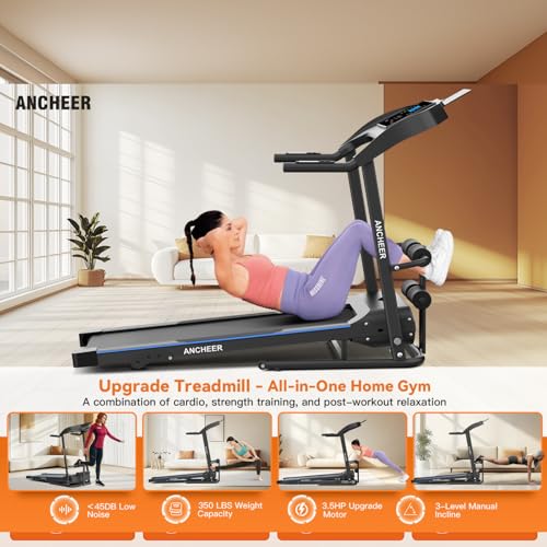 Foldable Treadmill with Sit Up Bench, 2025 Upgrade 3.5HP Portable Treadmills for Home with Incline 350 lbs Capacity, Smart LCD Display Body Fat& Heart Rate, Multifunction Exercise Equipment