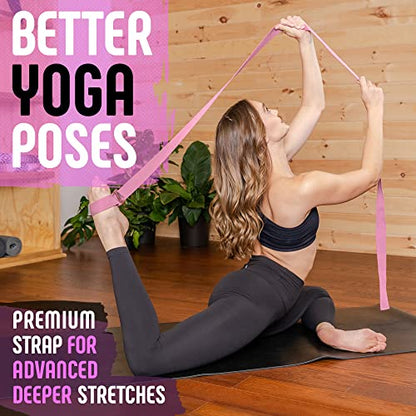 Yoga Strap, Friction-Less Easy-Feed Buckle, Super Soft Cotton/Polyester Blend Webbing, Free eGuide. (8 Feet) - color: Pink