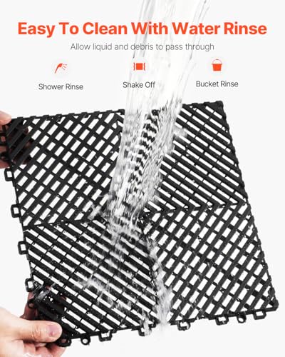 VEVOR Interlocking Drainage Mat, 12” x 12” Modular Interlocking Cushion, 24 Pcs Splicing Drainage Mats, Non-Slip PP Drainage Floor Tile and Shower Mat, for Garage, Garden, Kitchen & Outdoor, Black