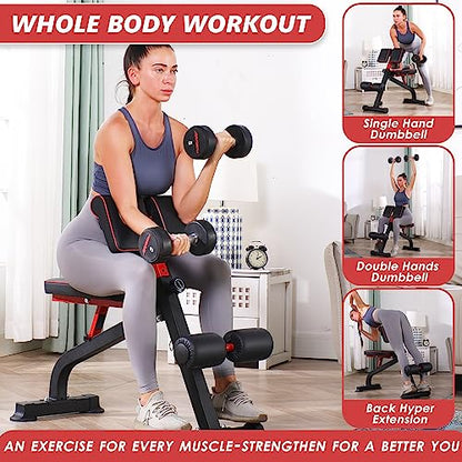 BODYRHYTHM Compact Adjustable Weight Bench for Full Body Strength Training, Ab/Back Hyper Roman Chair, Adjustable Ab Sit up Bench, Incline Decline Bench, Flat Bench, Hyperextension Bench, Back Extension Machine