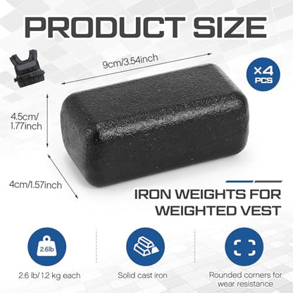 4 Pcs 2.6/3.3 lb Iron Weights for Weighted Vest, Cast Iron Ingots for Adjustable Weight Vest, Strength Training Equipment
