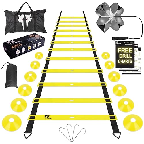 20ft Sports Agility Ladder for Men Women and Kids, Speed Youth Soccer Agility Training Equipment for Football, Exercise, Tennis, Legs Workout with Speed Parachute and Carry Bag
