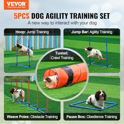VEVOR Dog Agility Training Equipment, Dog Obstacle Course Backyard Set with Adjustable High Hurdles,6 Weave Poles,Extended Tunnel,Jump Ring,Pause Box,Whistle Foldable Bowl Training Pouch Storage Bag - size: 8 Pcs Set