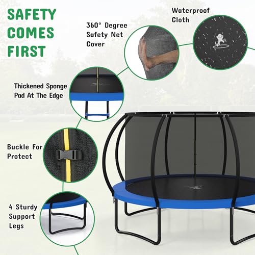 8FT 10FT 12FT 14FT 16FT Outdoor Trampoline with Safety Enclosure Net - color: Blue, size: 12 FT