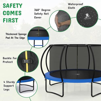 8FT 10FT 12FT 14FT 16FT Outdoor Trampoline with Safety Enclosure Net - color: Blue, size: 12 FT