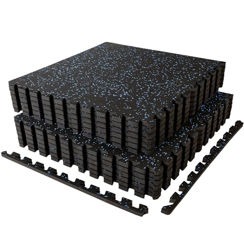 SUPERJARE 1" Extra-Thick Rubber Top Exercise Mat, Puzzle Gym Flooring for Home Gym, Gym Mat for Workout Equipment, Interlocking Floor Tiles with EVA Foam, 12 Pcs 48 Sq Ft, Black/Blue - size: 12 Tiles (48 Sq Ft)