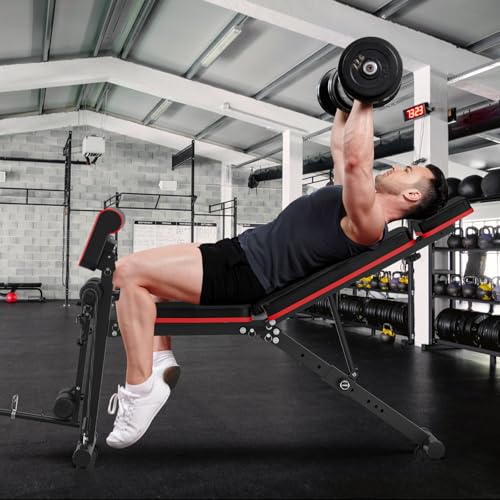 XDDIAS Adjustable Weight Bench, Workout Bench with Leg Extension and Preacher Curl Pad, Weight Bench for Home Gym, Foldable Exercise Bench, Quick Adjustment Incline Bench Press - color: Black+Red