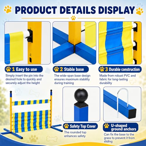 Dog Agility Jump Set, Metal Adjustable Dog Agility Equipment with 9 Height Levels, Extra Stable Foldable Dog-Hurdle Training Equipment for Backyard&Indoor Hurdles Jump, Carrying Bag Included