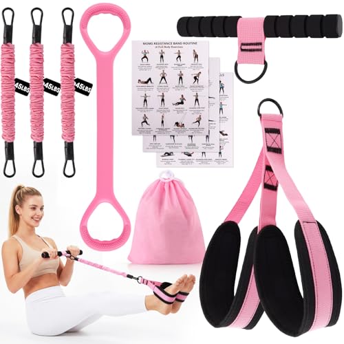 Multifunction Pedal Resistance Band with Handle-Figure 8 Resistance Band Set, 3-Tube Adjustable Bands for ABS, Core, Waist, Arm, Leg, Sit Up Exercise Equipment, 3 Home Workout Chart for Women