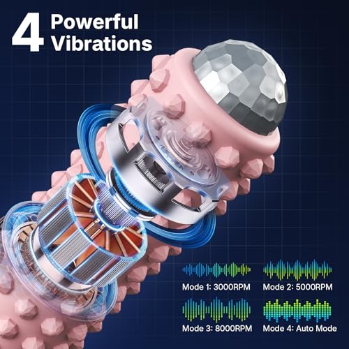 Mini Electric Massage Roller 4 Speeds Vibrating Massage Ball, 2-in-1 Portable Muscle Massager Gun & Roller for Muscle Relief, Detachable Heads, Rechargeable, For Fitness, Office, Travel (Pink)