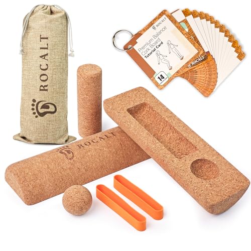 Rocalt Foot & Ankle Strengthener Kit, 4-in-1 Cork Balance Board Set with Massage Roller, Ball & Toe Resistance Bands, Foot Mobility Trainer for Balance Training, Yoga, Runners & Daily Exercise