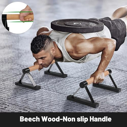 Parallettes Bars, 16 INCH Solid Wood Push Up Bars with Anti-Slip Grip for Calisthenics, Handstand, Floor Workouts, Sturdy Metal Bracket Supports Up to 600 lbs for Home Gym, CrossFit & Fitness Training