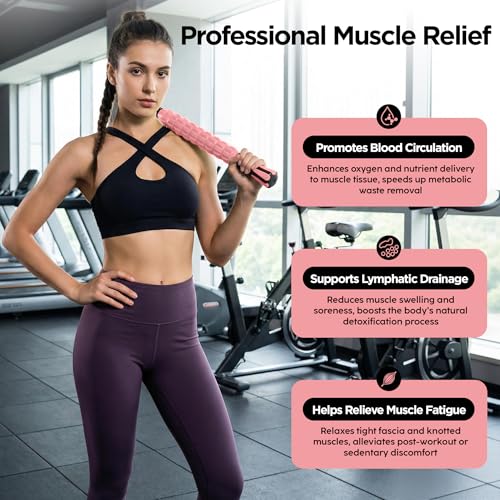 Muscle Roller & Massage Roller Stick for Athletes - Lymphatic Drainage Support, Relieves Muscle Soreness, Cramping & Tightness - Targets Legs, Arms, Back & Calves （Pink - 18inch） - color: Pink