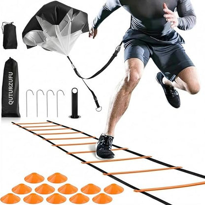 5-in-1 Speed & Agility Training Set – 20ft Ladder (12 Rungs), Resistance Parachute, 12 Cones, Holder, 4 Stakes with Portable Carry Bag for Soccer, Football, Tennis Training