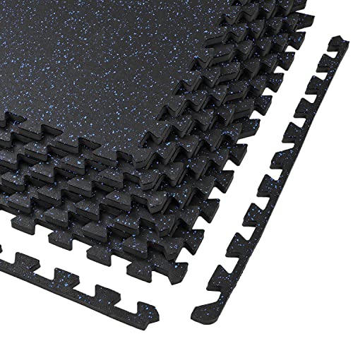 1/2" Thick 48 sq ft (12 Tiles) Interlocking Rubber Top EVA Foam Exercise Mat | Home Gym Mats Workout Flooring Tiles for Gyms, Fitness Rooms | Durable Grip Protective Flooring, Black/Blue