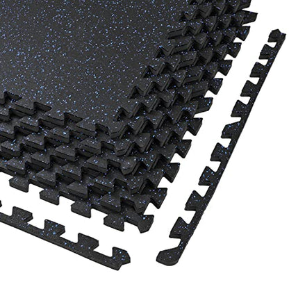 1/2" Thick 48 sq ft (12 Tiles) Interlocking Rubber Top EVA Foam Exercise Mat | Home Gym Mats Workout Flooring Tiles for Gyms, Fitness Rooms | Durable Grip Protective Flooring, Black/Blue