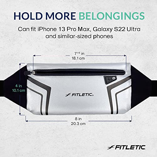 Fitletic Modern Sports Running Belt For Men & Women – Water Resistant Pouch - Fits All Smart Phones- Lightweight, Low Profile Design –Lycra Coated With Inner Card Organizer Pocket - color: Silver