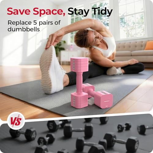 FEIERDUN DB3 5-in-1 Adjustable Dumbbell Set, 6LB/10LB Pair Adjustable Weights for Women at Home, Dual Locking Stable Hand Weights with TPU Soft Handle, Home Gym, Rehab, Pilates, Yoga, Strength Training - color: B-Cute Pink, style: 6LBS Pair (12LBS Total)